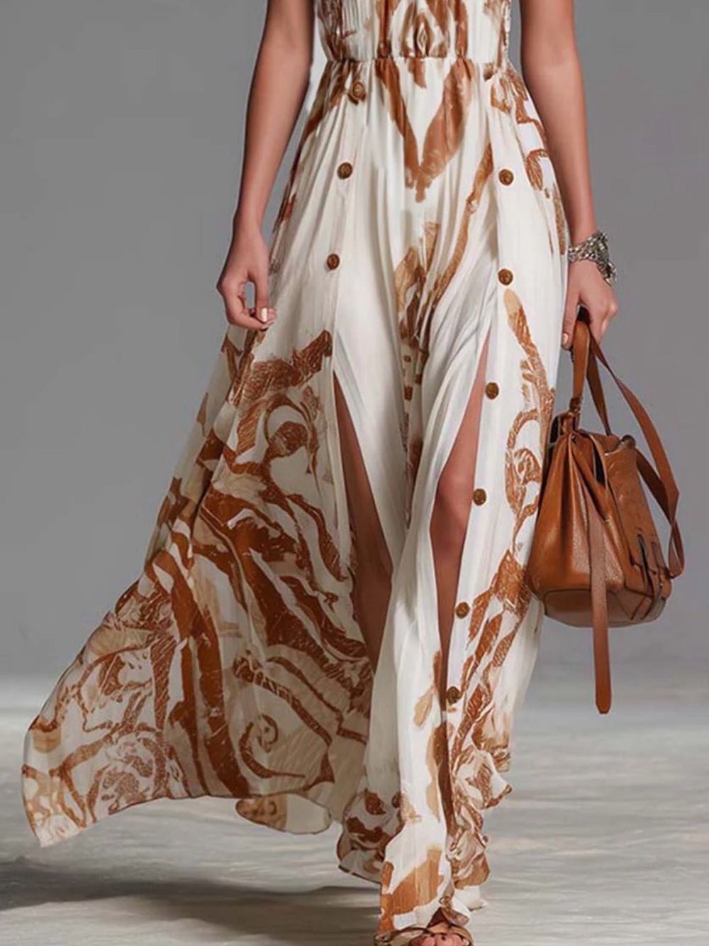 Boho Halter Maxi Dress in Ivory and Brown - Picture 4 of 10